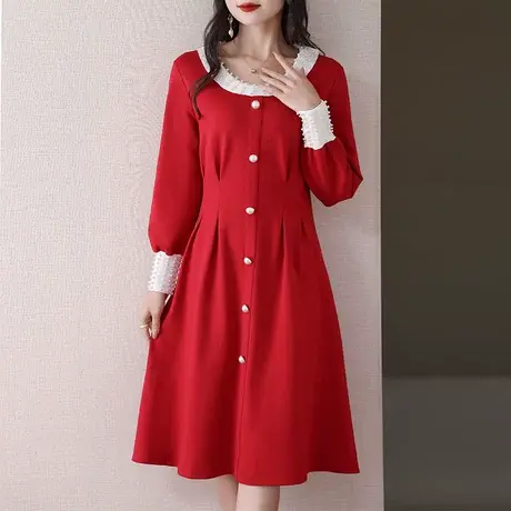 伊自尚大码女装2023秋季长袖裙子胖mm遮肉显瘦红色长袖连衣裙洋气图片